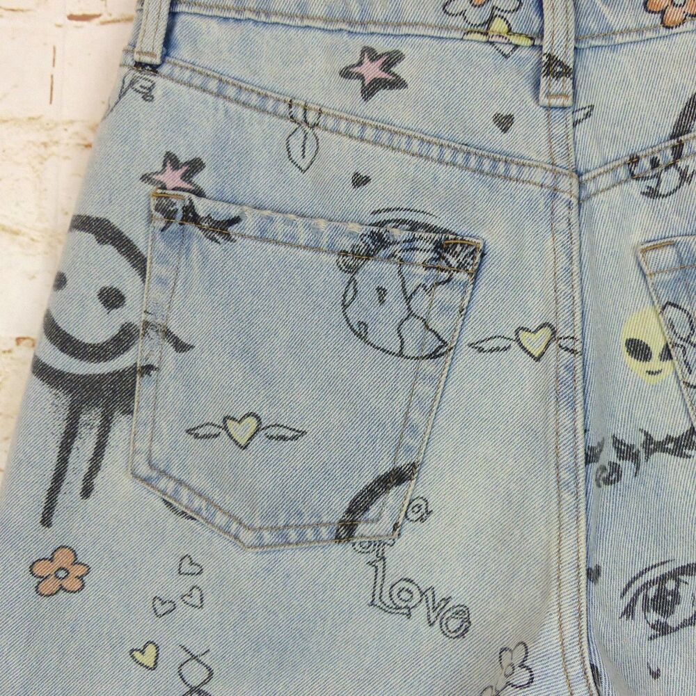 Wild Fable Denim Shorts Women 0 Doodle Print Bermuda Distressed High Rise Grunge - Picture 9 of 14